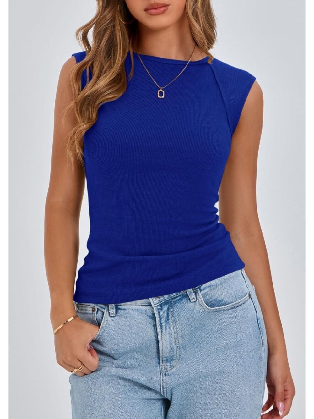 〽️Women's Royal Blue Cap Sleeve Slim Fitted Knit Basic Casual Tee Shirt Tank Top